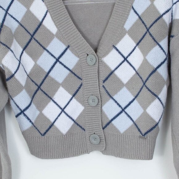 Hollister Easy Crop Button Front Argyle Print Sweater Cardigan Womens Size XS - Picture 5 of 9